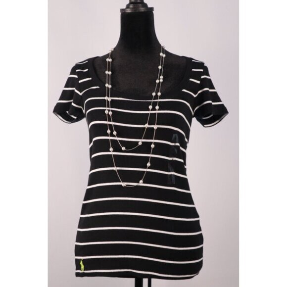 Ralph Lauren Women's Black & White Striped Scoop Neck T-Shirt Size S/P Cotton - Picture 1 of 10